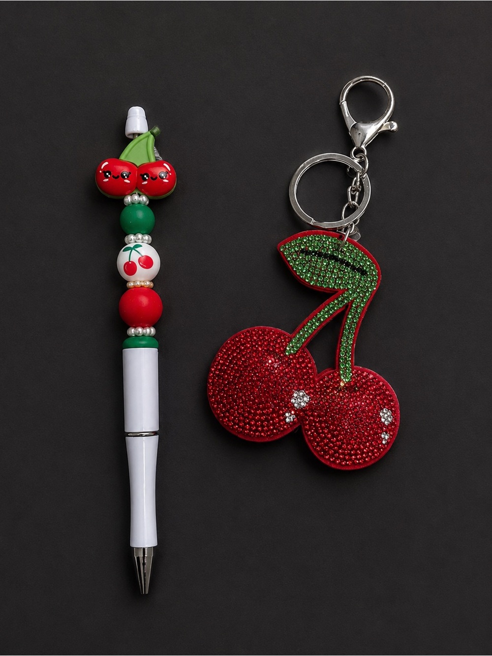 Cherry Bead Pen and Rhinestone Cherry Keychain Set